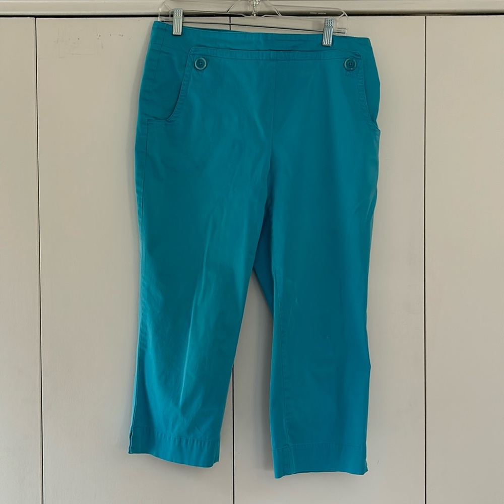 Cute Turquoise Talbots capri pants with front buttons.Side zip & button.Size 12.
